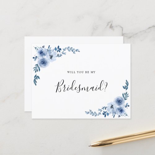 dusty blue floral will you be bridesmaid card