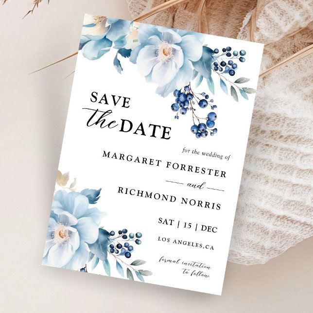 Dusty Blue Floral Winter Wedding Save The Date Invitation (Creator Uploaded)