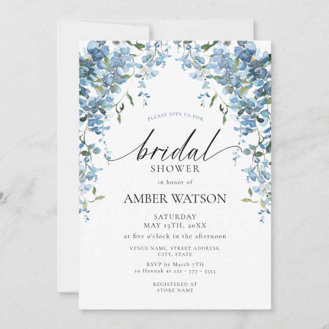 Dusty Blue Floral Wisteria Bridal Shower Invitation (Front)