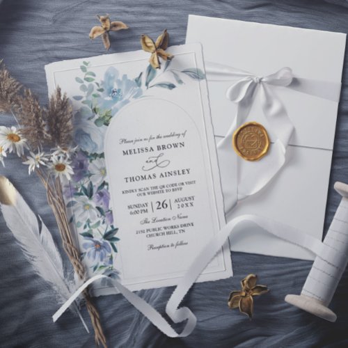 Dusty Blue Floral with Arch Budget QR Code Wedding Invitation