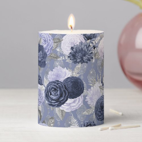 Dusty Blue Floral with Damask Design Pillar Candle