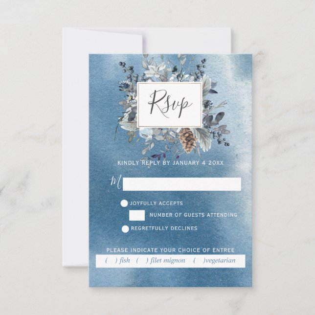 Dusty Blue Floral with/out Meal Choices RSVP Card (Front)