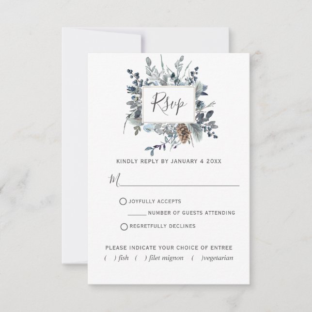 Dusty Blue Floral with/out Meal Choices RSVP Card (Front)