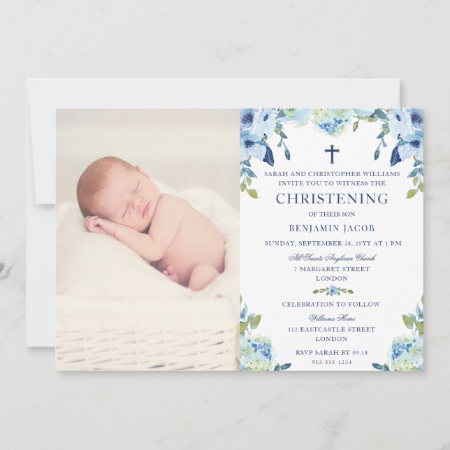Dusty Blue Floral with Photo Christening Invitation (Front)