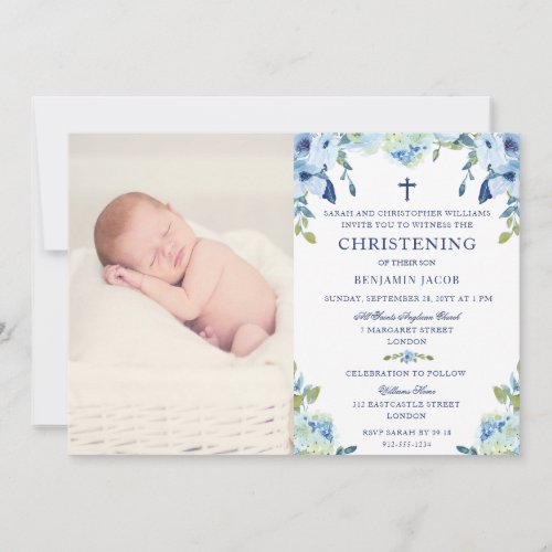 Dusty Blue Floral with Photo Christening Invitation