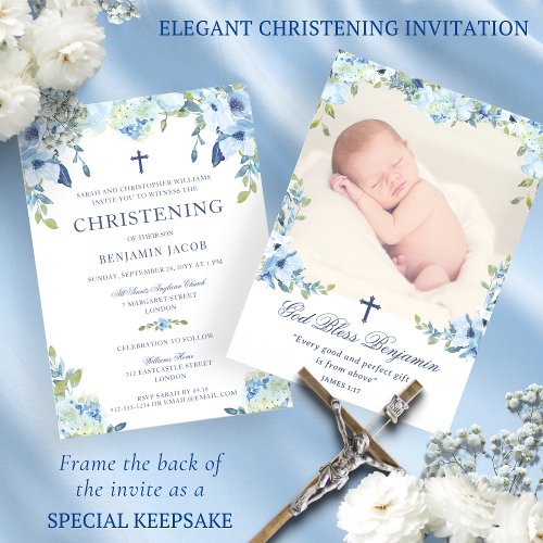 Dusty Blue Floral with Photo Christening Invitation