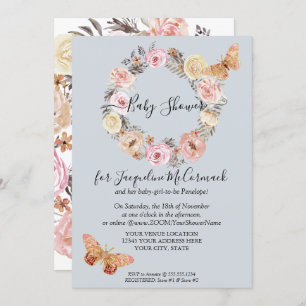 Dusty Blue Floral Wreath Butterfly Virtual Shower Invitation