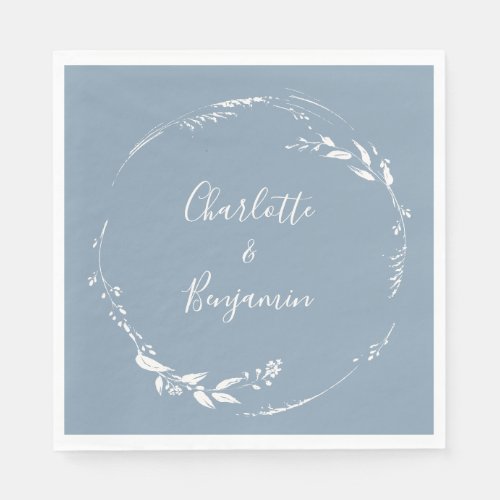 Dusty Blue Floral Wreath Calligraphy Monogrammed Napkins
