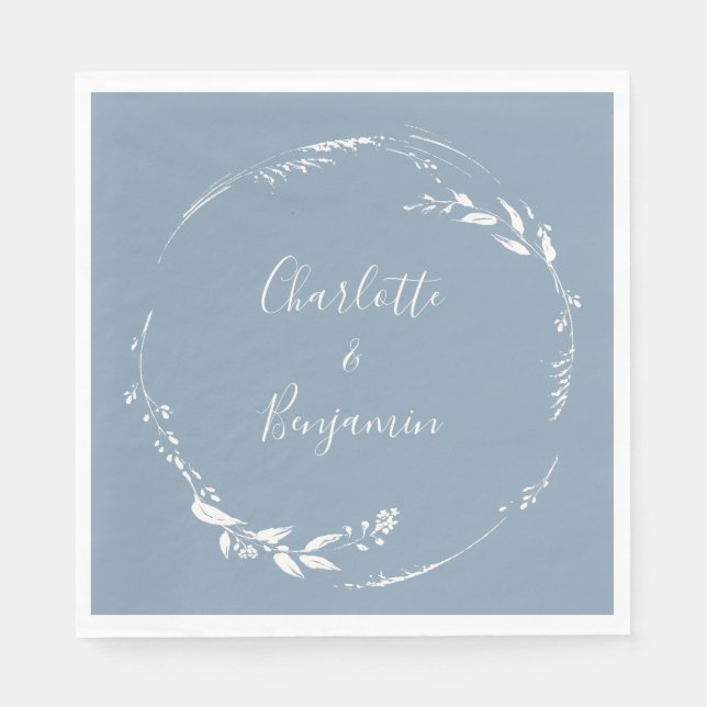 Dusty Blue Floral Wreath Calligraphy Monogrammed Napkins (Front)
