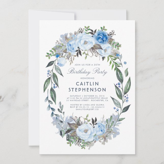 Dusty Blue Floral Wreath Elegant Birthday Party Invitation (Front)