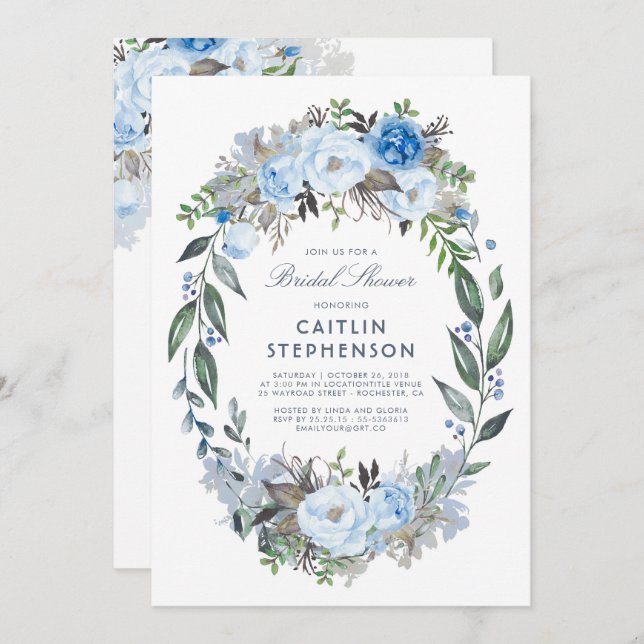 Dusty Blue Floral Wreath Elegant Bridal Shower Invitation (Front/Back)
