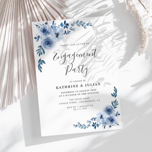 dusty blue floral wreath engagement party invitation