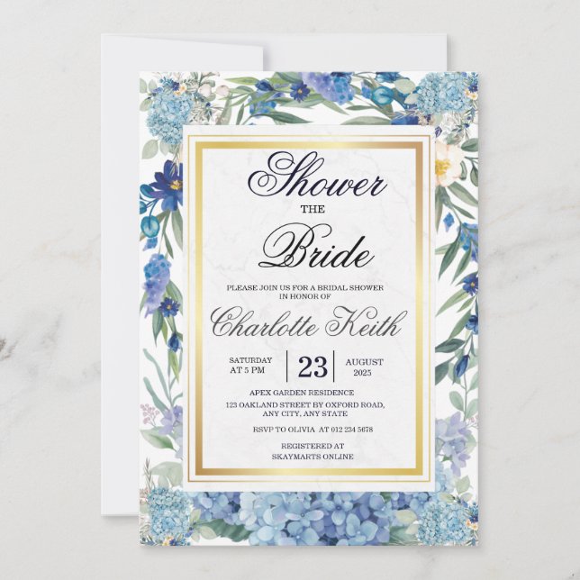 Dusty Blue Floral Wreath Greenery Bridal Shower Invitation (Front)