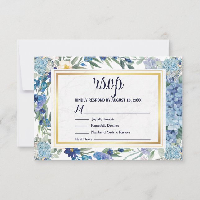 Dusty Blue Floral Wreath Greenery Wedding RSVP Card (Front)