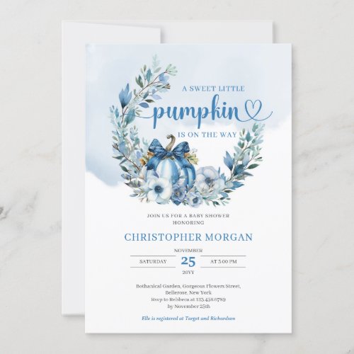 Dusty blue floral wreath little pumpkin boy baby invitation