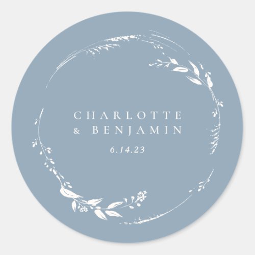 Dusty Blue Floral Wreath Monogram Personalized Classic Round Sticker