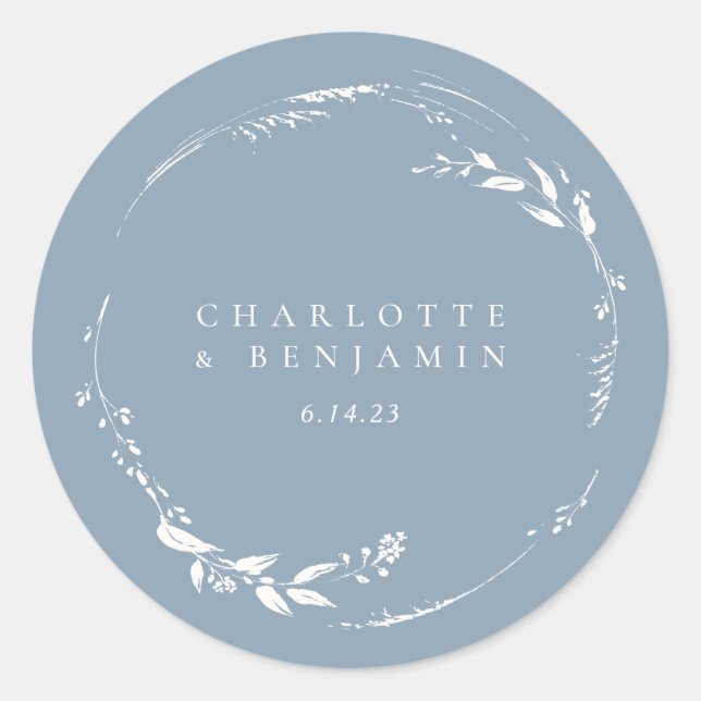 Dusty Blue Floral Wreath Monogram Personalized Classic Round Sticker (Front)