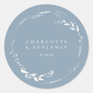 Dusty Blue Floral Wreath Monogram Personalized Classic Round Sticker