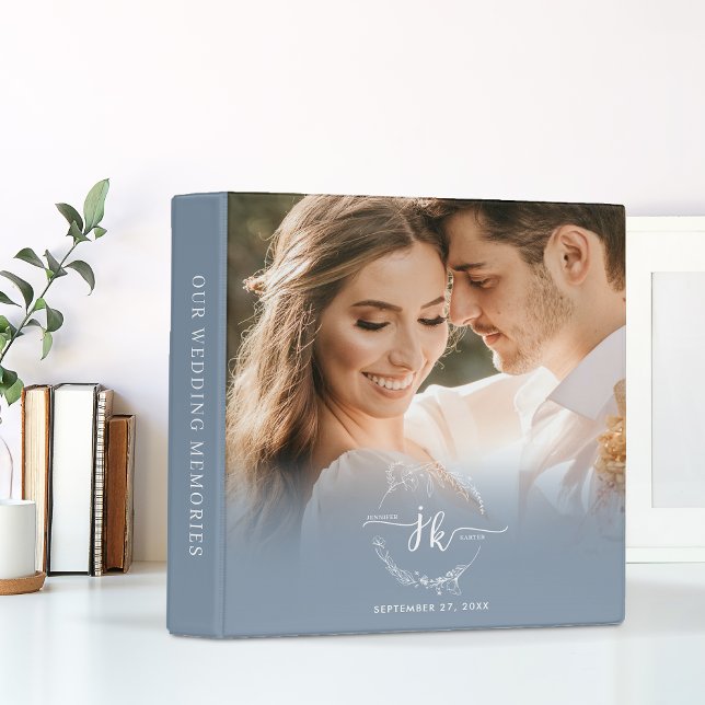 Dusty Blue Floral Wreath Monogram Photo Wedding 3 Ring Binder (Creator Uploaded)