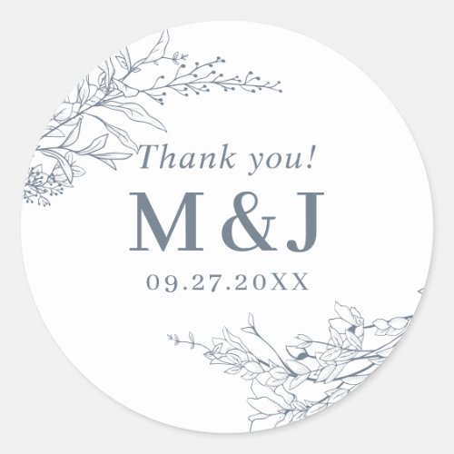Dusty Blue Floral Wreath Monogram Thank you Classic Round Sticker