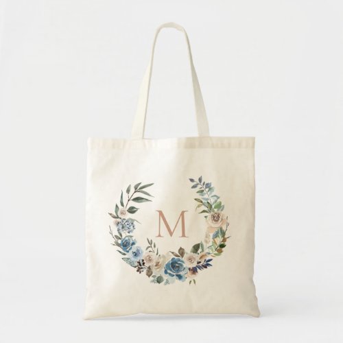 Dusty Blue Floral Wreath Monogram Tote Bag