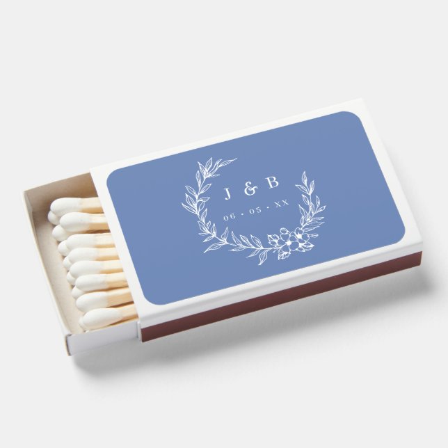 Dusty Blue Floral Wreath Monogram Wedding  Matchboxes (Front Open)