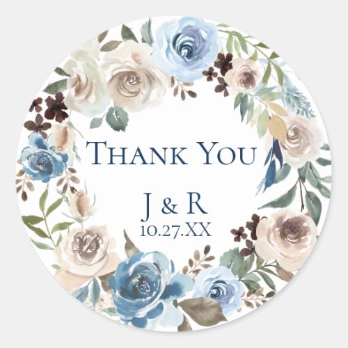 Dusty Blue Floral Wreath Personalized Favor Classic Round Sticker