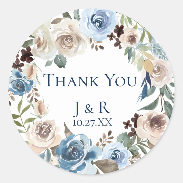 Dusty Blue Floral Wreath Personalized Favor Classic Round Sticker (Front)