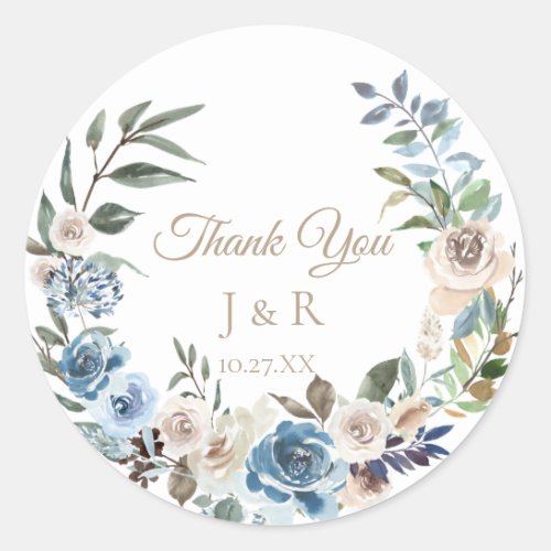 Dusty Blue Floral Wreath Personalized Wedding Classic Round Sticker