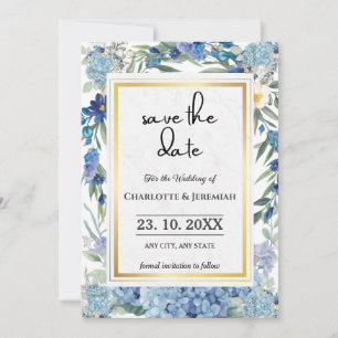 Dusty Blue Floral Wreath Watercolor Greenery  Save The Date