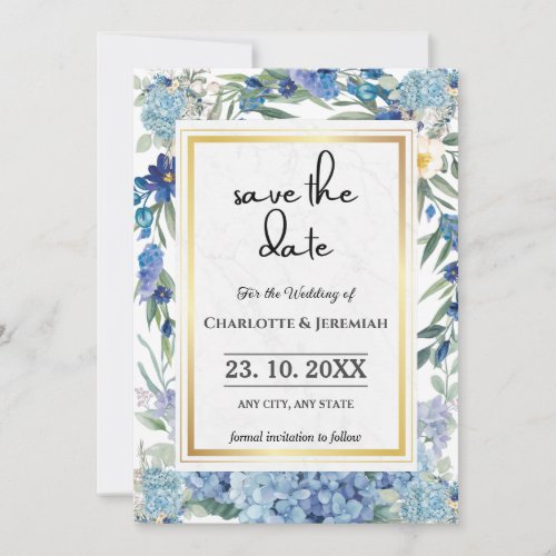 Dusty Blue Floral Wreath Watercolor Greenery  Save The Date