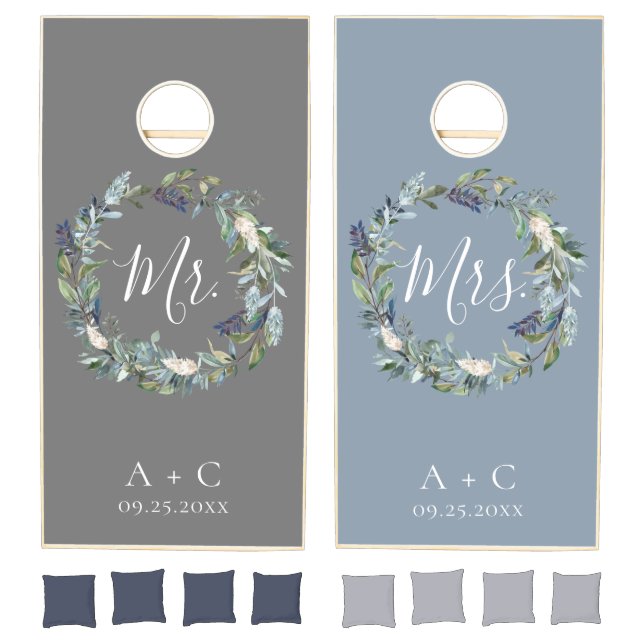 Dusty Blue Floral Wreath Wedding Cornhole Set (Set)