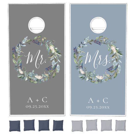 Dusty Blue Floral Wreath Wedding Cornhole Set