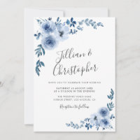 dusty blue floral wreath wedding invitation