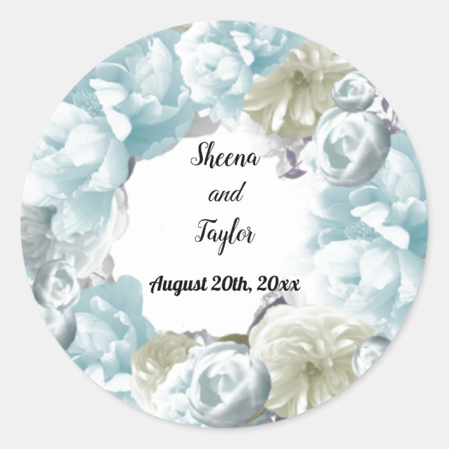 Dusty Blue Floral Wreath Wedding Sticker (Front)