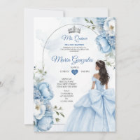 Dusty Blue Floral XV Birthday Invite with Crown