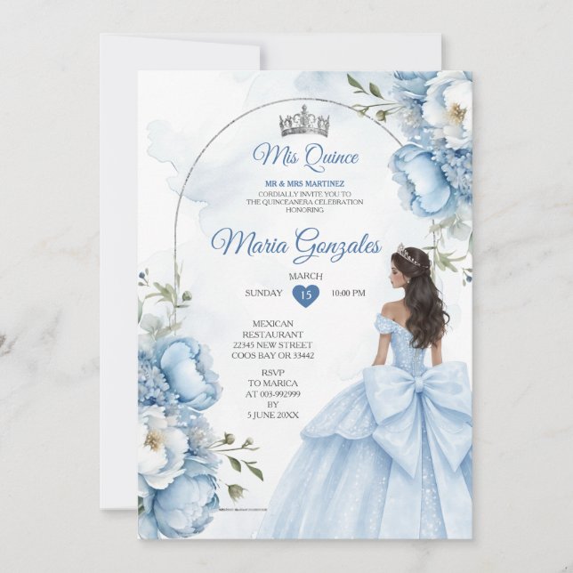 Dusty Blue Floral XV Birthday Invite with Crown (Front)
