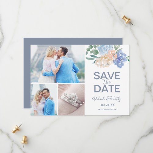 Dusty Blue Florals 3 Photo Collage Save The Date