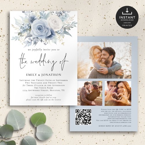 Dusty Blue Florals 3 Photos QR Code Wedding Invitation