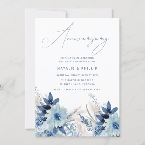 Dusty Blue Florals 50th 60th Wedding Anniversary Invitation