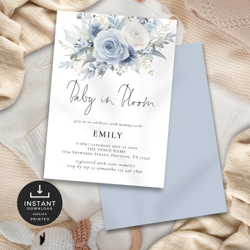 Dusty Blue Florals Baby in Bloom Shower Invitation
