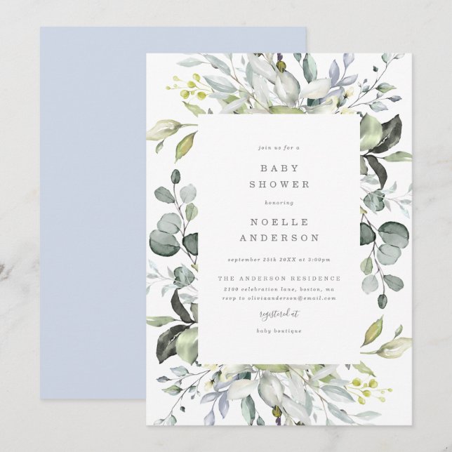 Dusty Blue Florals Baby Shower Invitation (Front/Back)