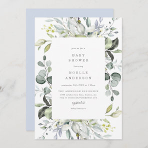Dusty Blue Florals Baby Shower Invitation
