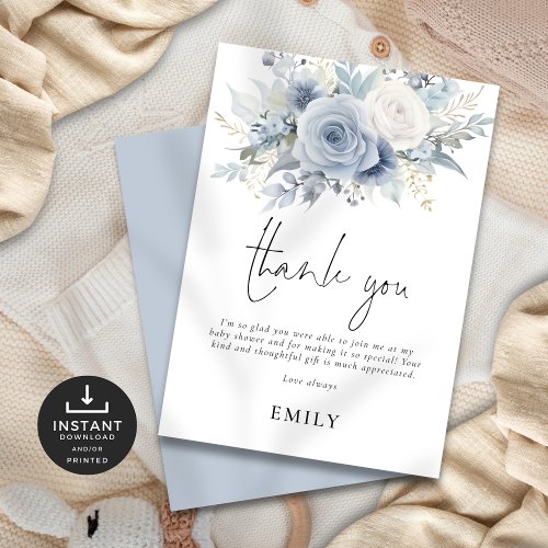 Dusty Blue Florals Baby Shower Thank You Card