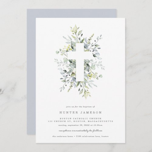 Dusty Blue Florals Baptism Invitation