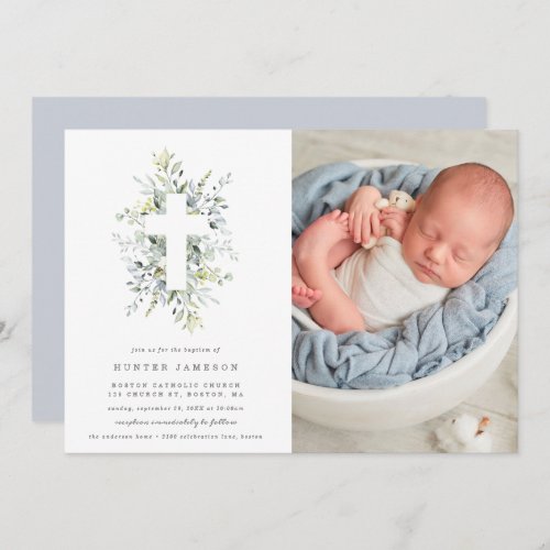 Dusty Blue Florals Baptism Photo Invitation