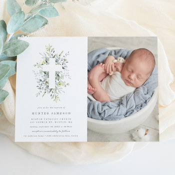 Dusty Blue Florals Baptism Photo Invitation by FINEandDANDY at Zazzle
