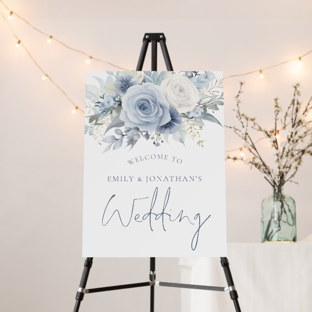 Dusty Blue Florals Blue Writing Welcome Wedding Foam Board (In Situ (Stand))