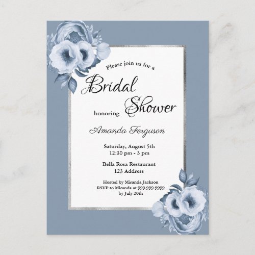 Dusty blue florals bridal shower invitation postcard