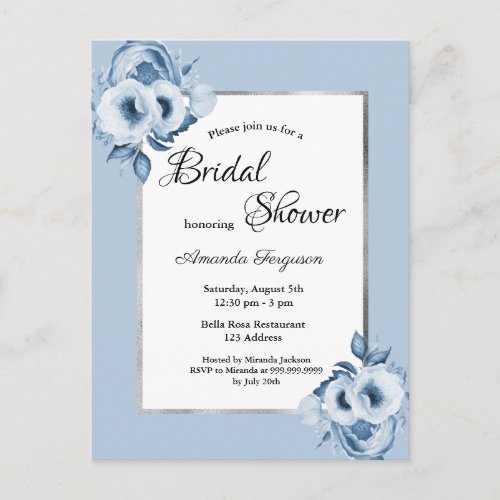 Dusty blue florals bridal shower invitation postcard